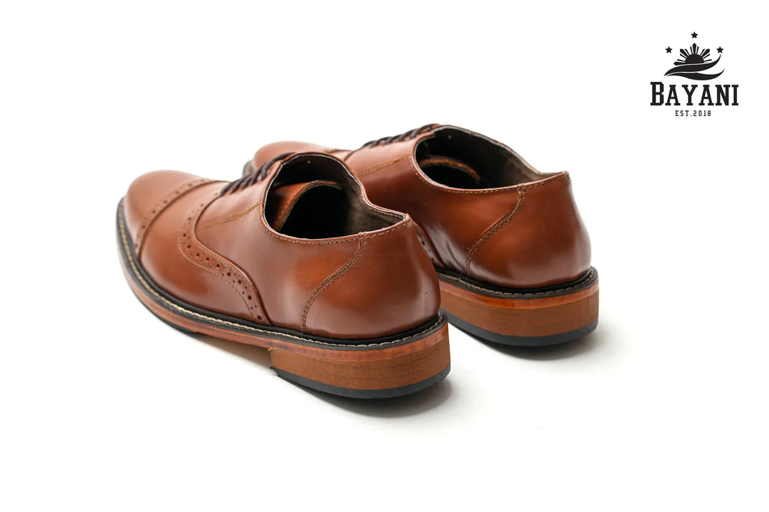 Pair of brown leather shoes on a white background with Bayani logo.
