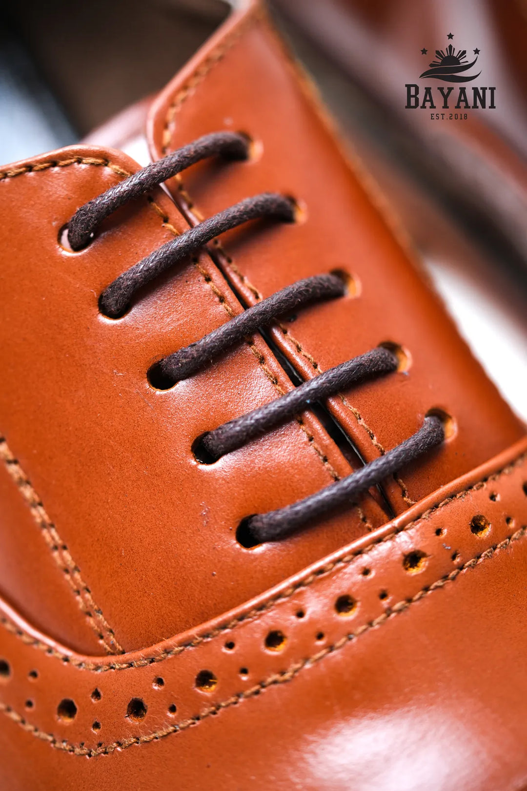Close-up of a brown leather shoe with black laces, featuring the Bayani brand logo.
