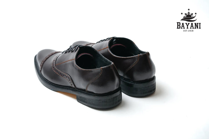 Pair of black leather shoes on a white background with Bayani logo.
