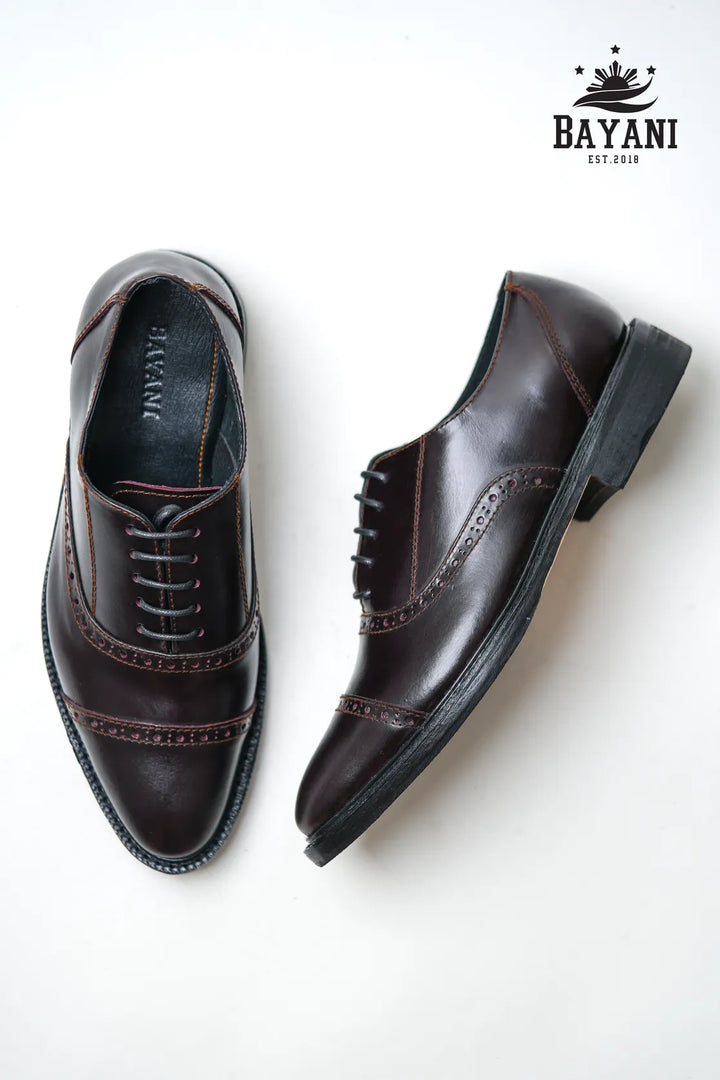 Pair of brown leather shoes on a white background with Bayani logo.
