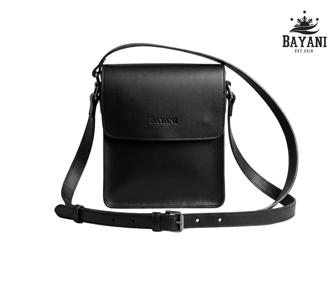 Black crossbody bag with Bayani logo on a white background
