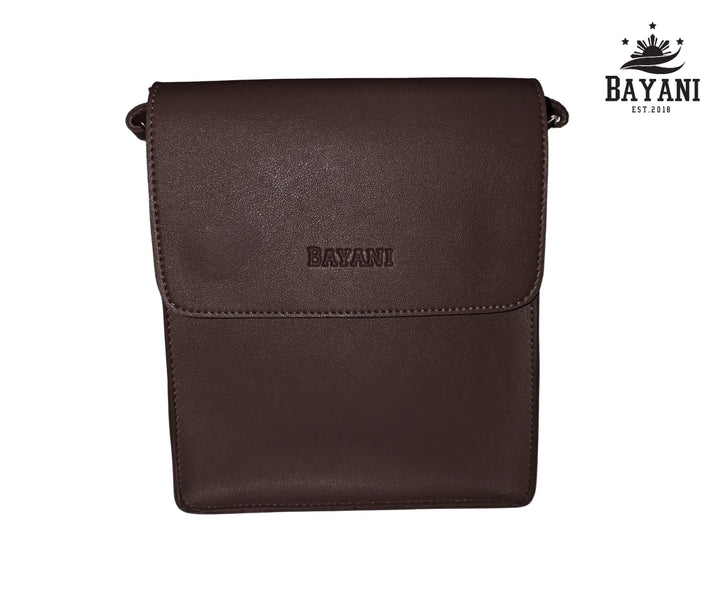 Brown leather crossbody bag with Bayani branding on a white background
