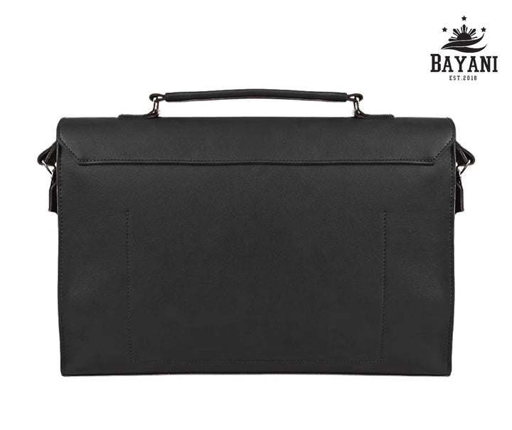 Black briefcase laptop ng with Bayani logo on a white background
