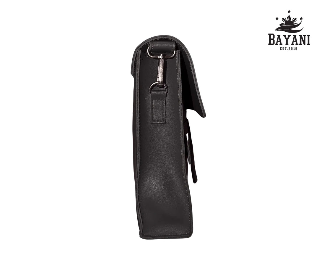 Black leather laptop bag with a visible brand logo on a white background
