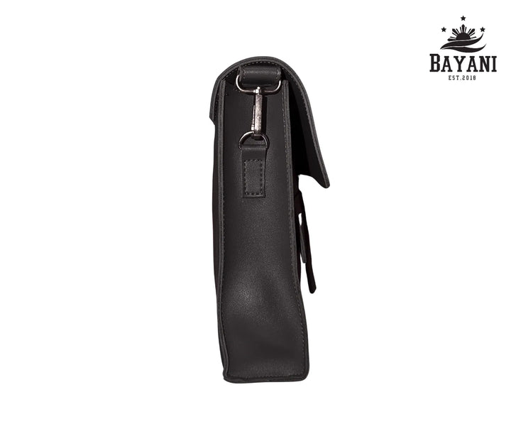 Black leather laptop bag with a visible brand logo on a white background
