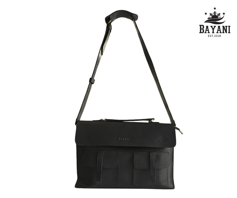 Black laptop bag with a strap on a white background, featuring the Bayani brand.
#color_black