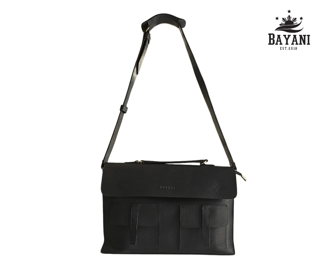 Black laptop bag with a strap on a white background, featuring the Bayani brand.
