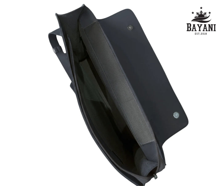 Black laptop bag with a visible brand logo on a white background
