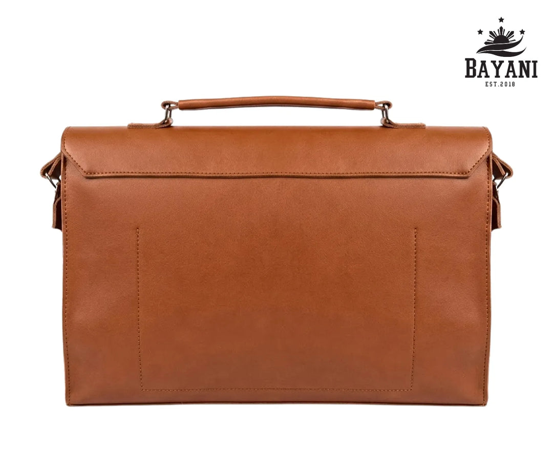 Tan brown leather laptop bag with Bayani logo on a white background
