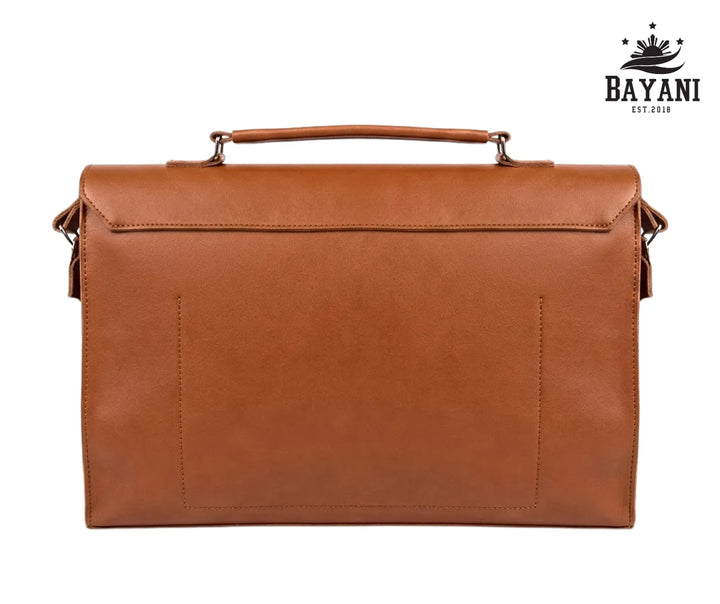 Tan brown leather laptop bag with Bayani logo on a white background
