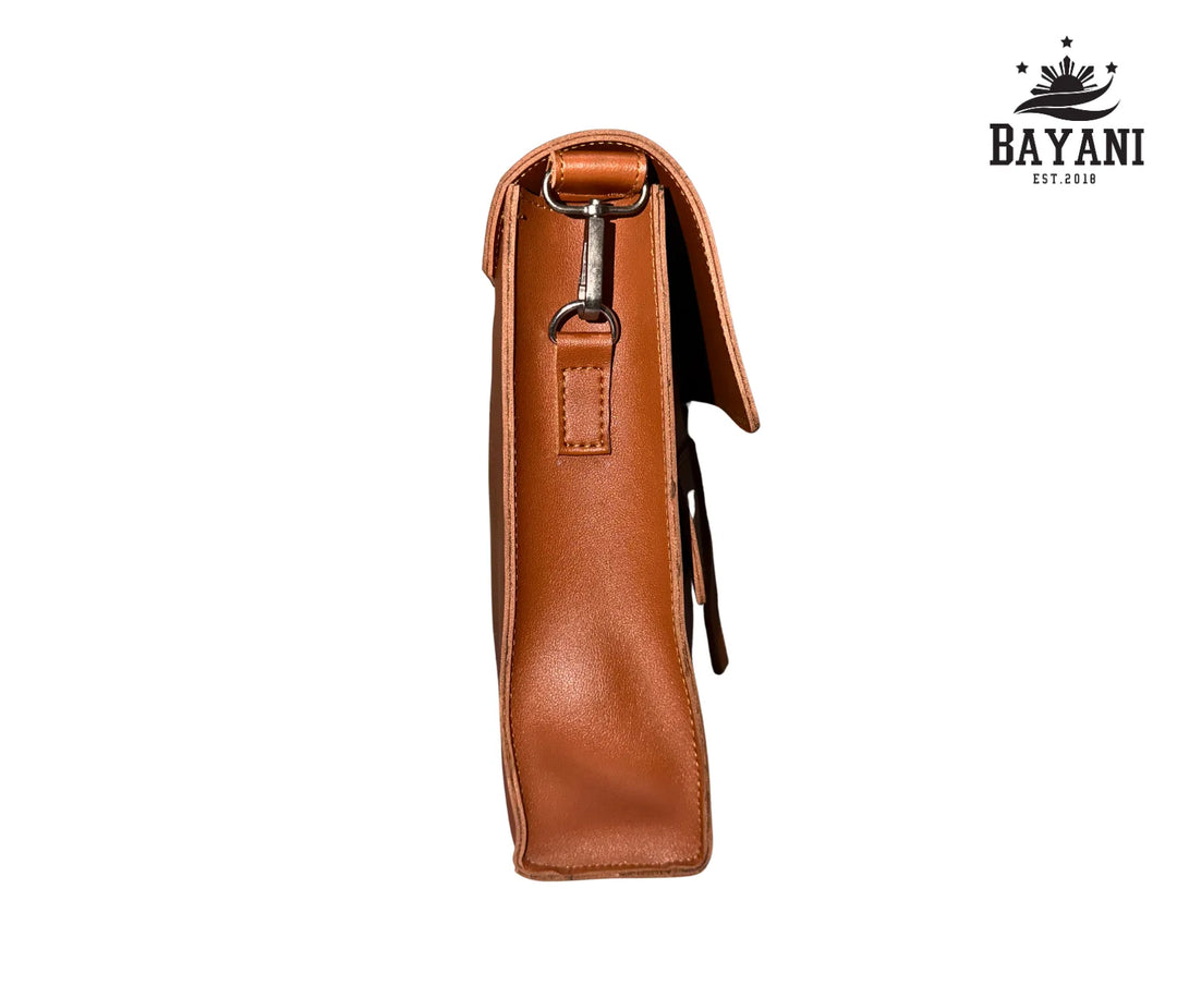 Tan laptop bag on side view
