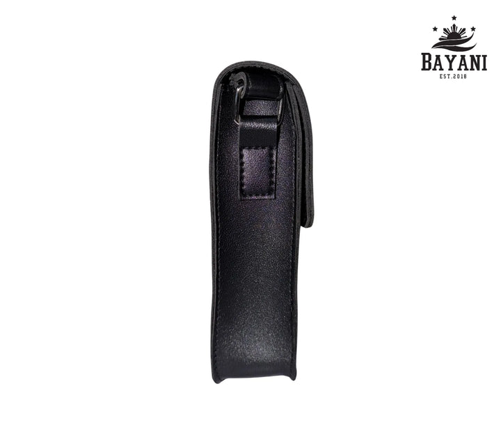 Black leather pouch with a zipper on a white background, featuring the Bayani brand logo.
