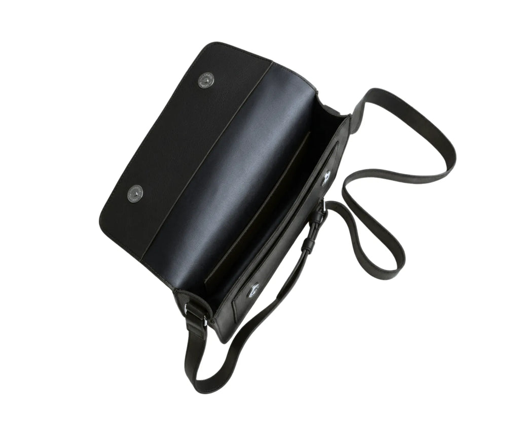 Black leather shoulder bag with a strap on a white background
#color_black