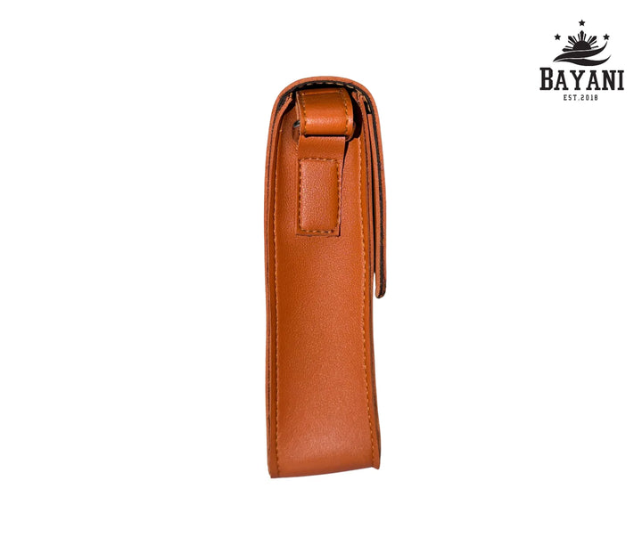 Brown leather pouch with a Bayani logo on a white background
