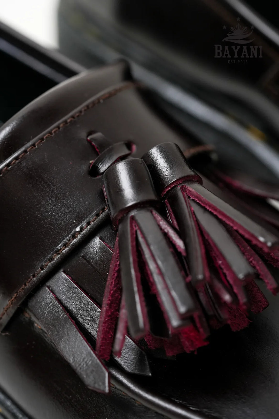 Close-up of a brown leather shoe with a tassel, featuring the brand &