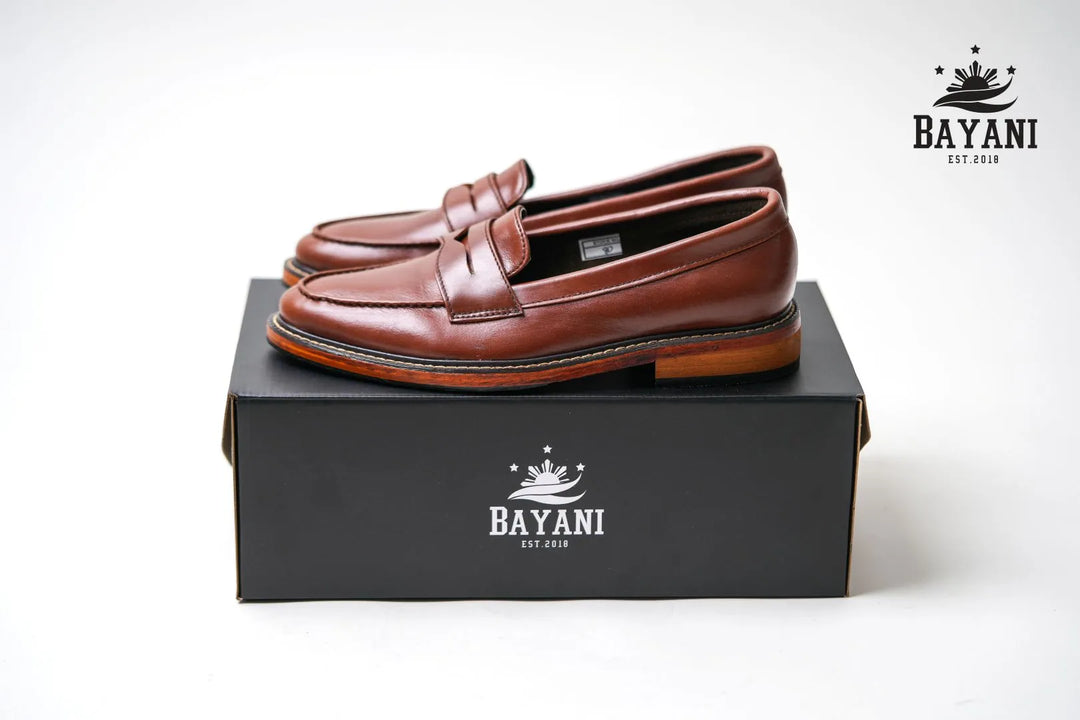 Brown loafers on a black Bayani box with the brand logo.
