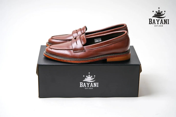 Brown loafers on a black Bayani box with the brand logo.

