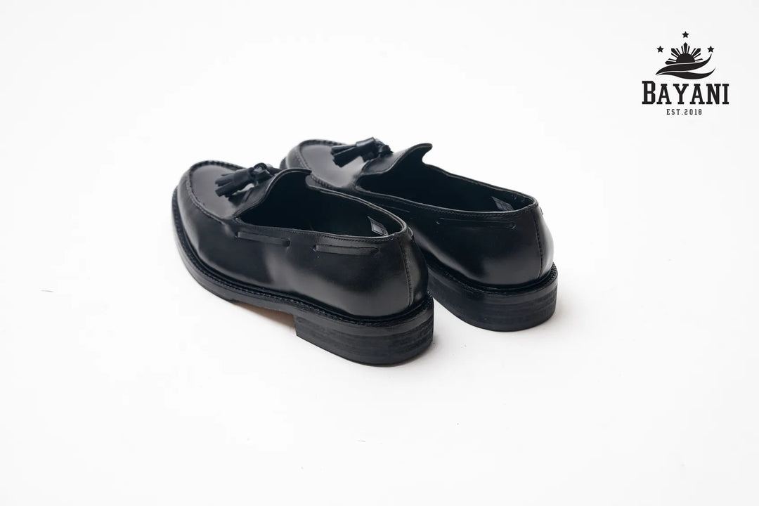 Pair of black shoes on a white background with Bayani logo.
