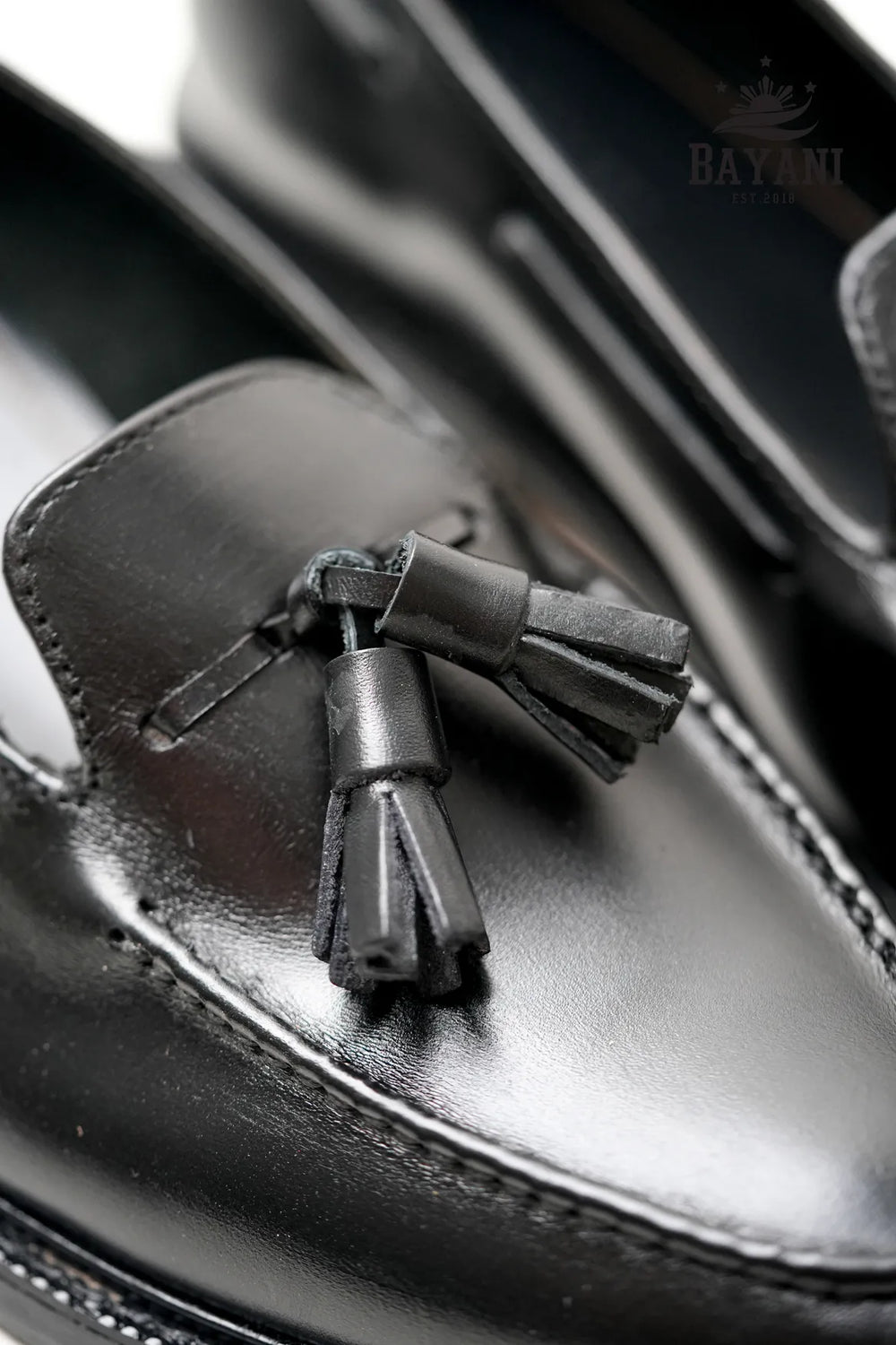 Black leather loafer with tassel detail on a blurred background
#color_all-black