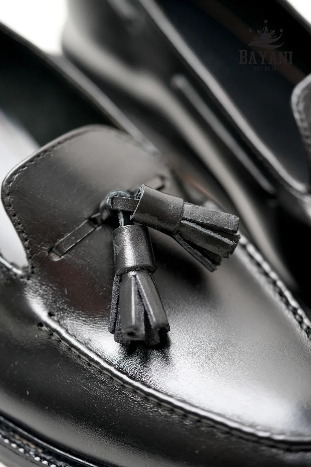 Black leather loafer with tassel detail on a blurred background
