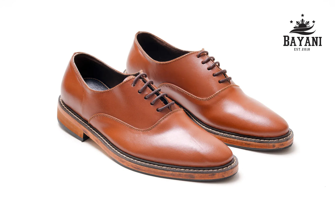 Pair of brown leather shoes on a white background with Bayani logo.
