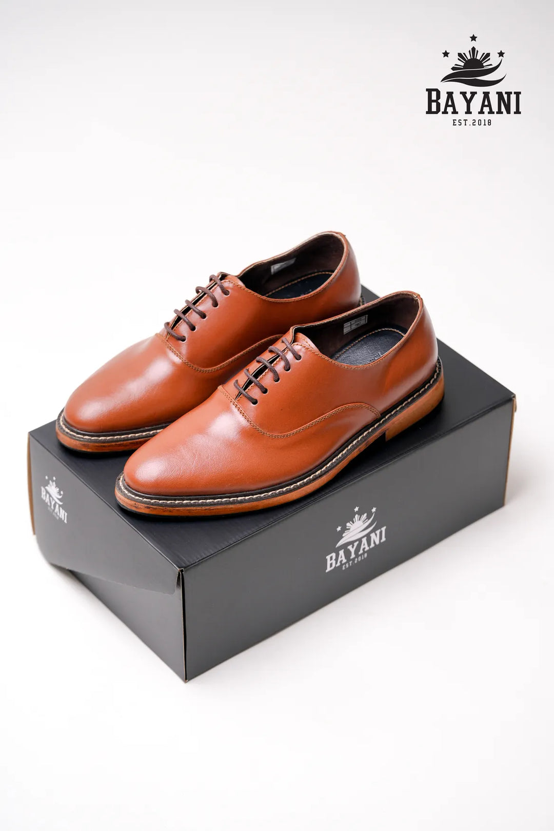 Pair of brown leather shoes on a black box with &