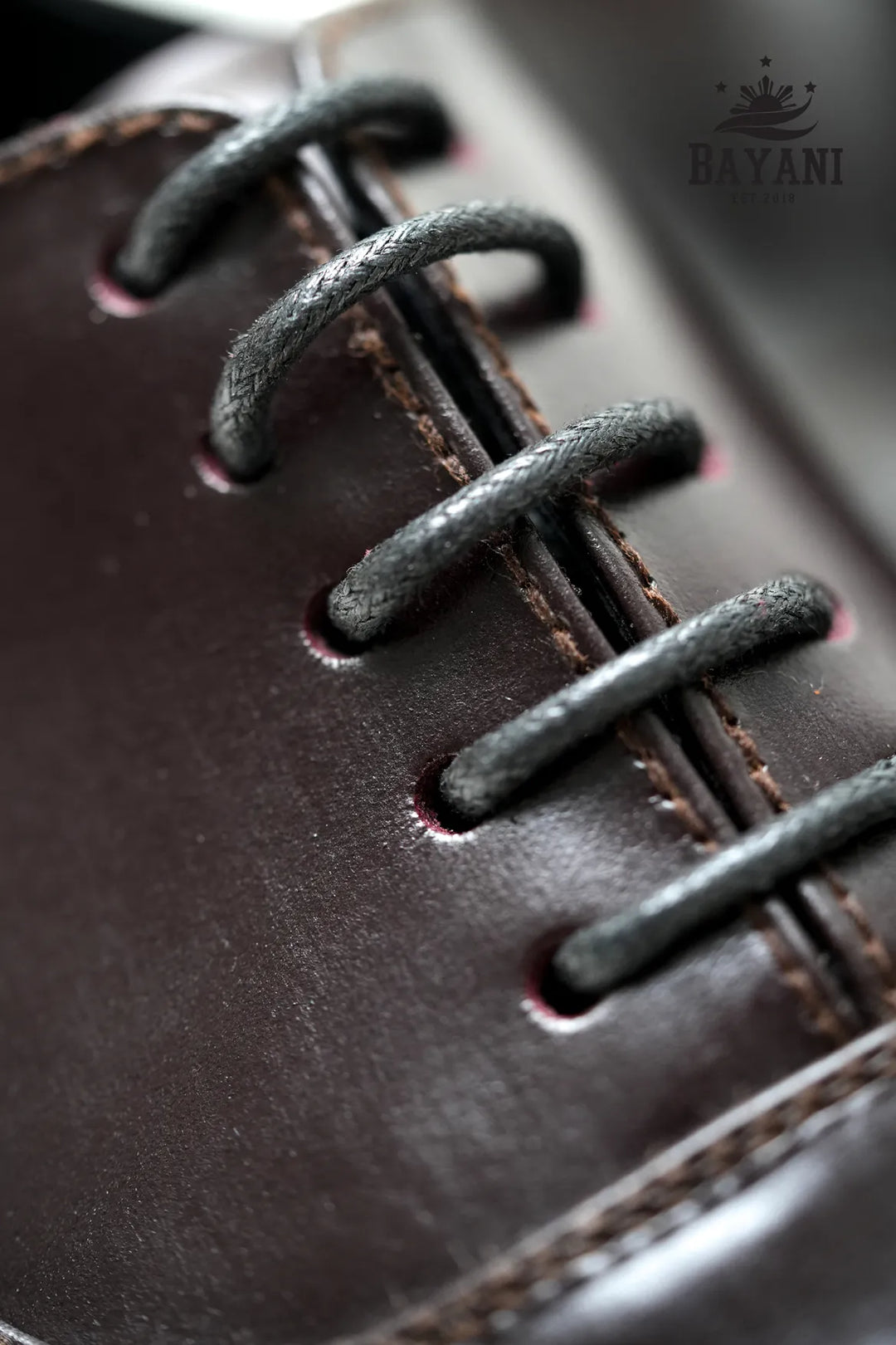 Close-up of a brown leather shoe with black laces, featuring the Bayani brand logo.
