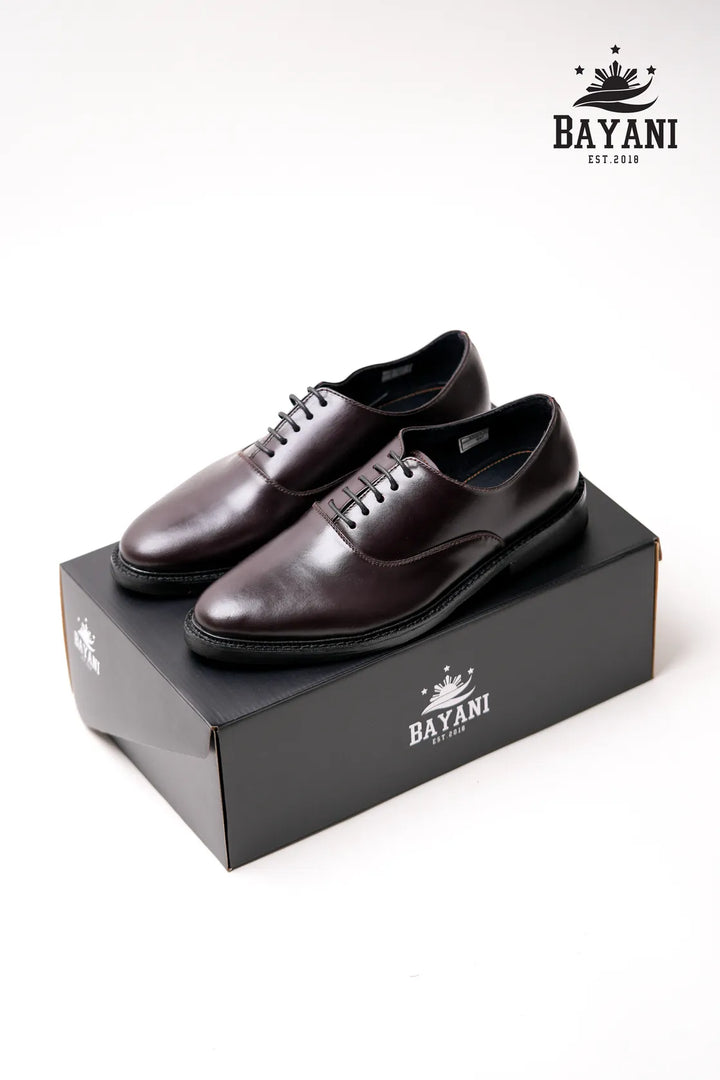 Brown dress shoes on a Bayani branded box with the Bayani logo above.
