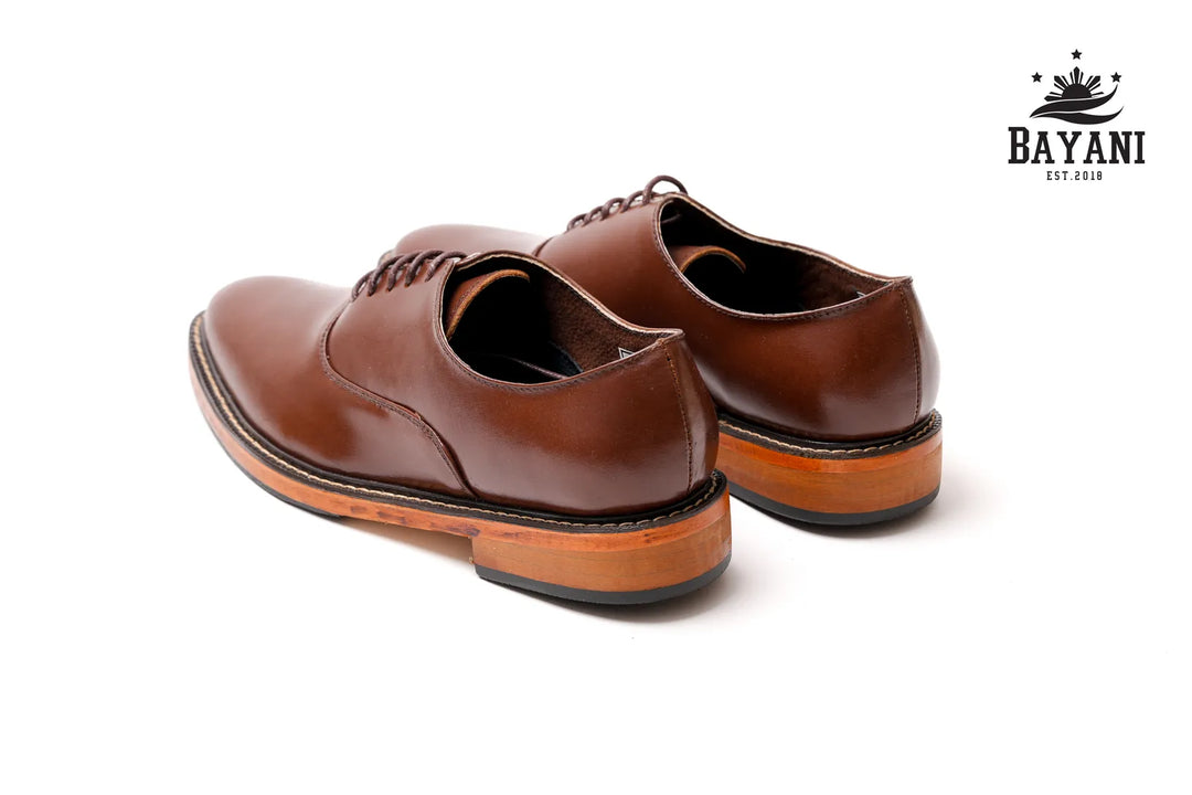 Pair of brown leather shoes on a white background with Bayani logo.
