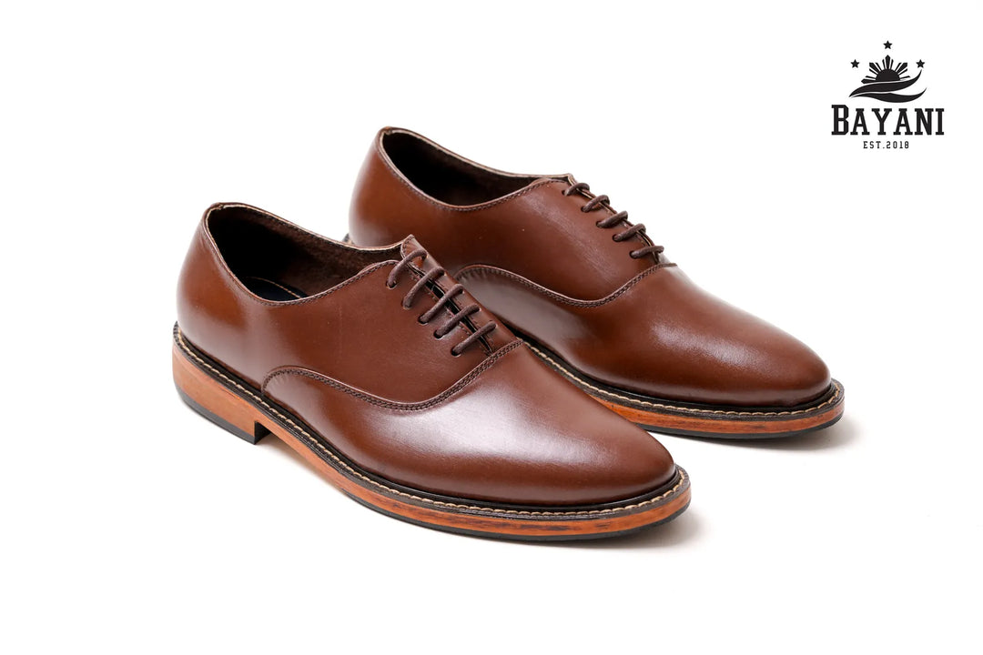 Pair of brown leather shoes on a white background with Bayani logo.
