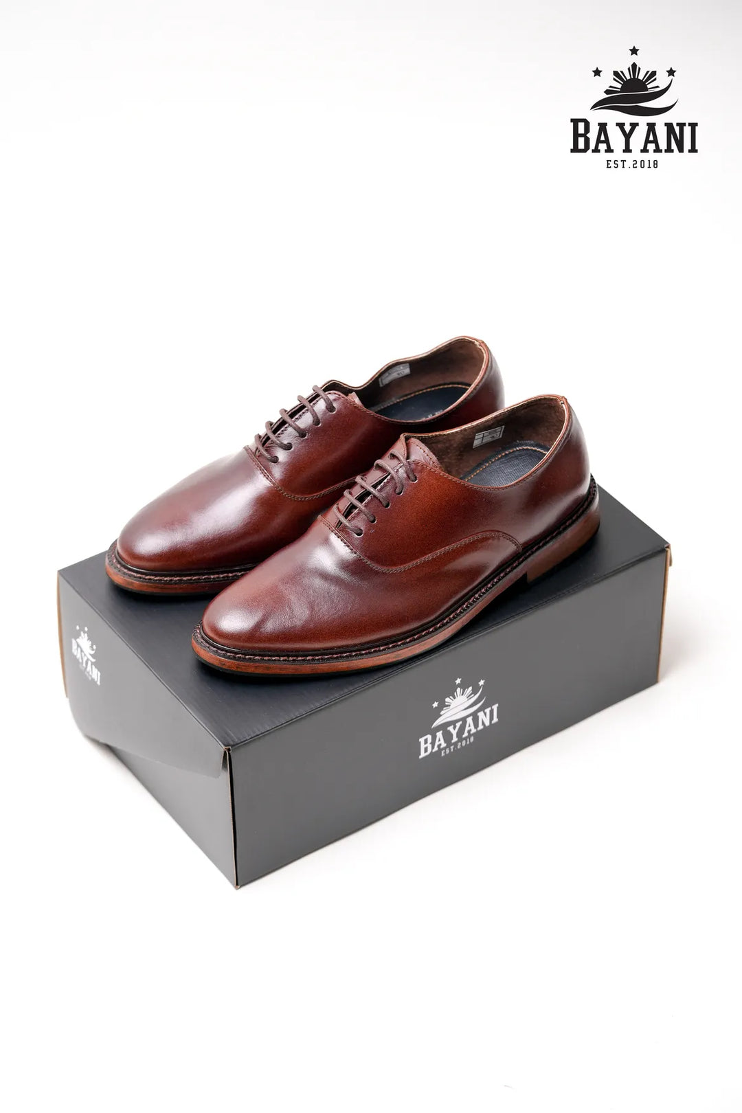 Brown leather shoes on a black box with Bayani logo above
