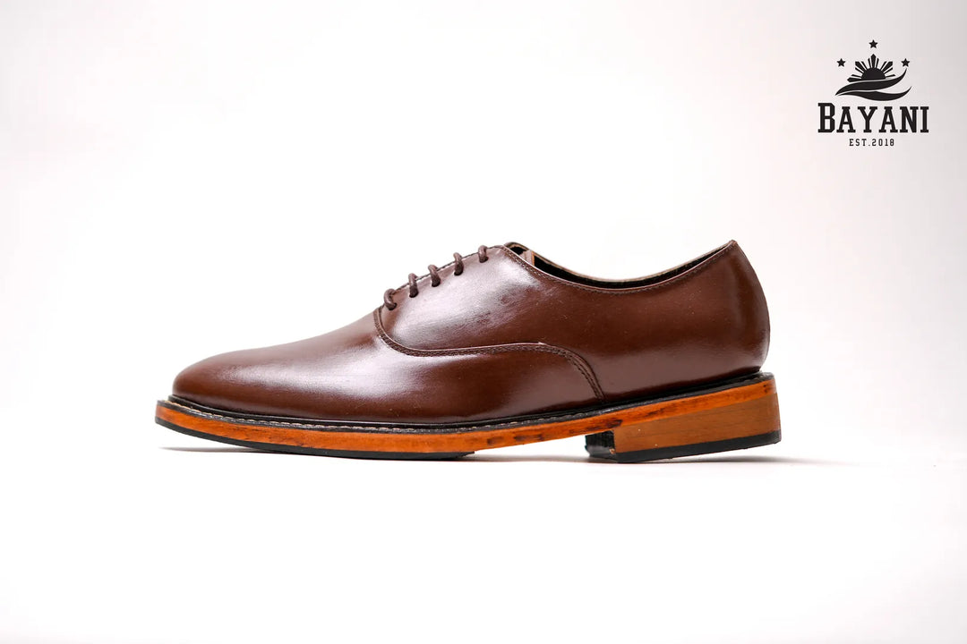 Brown leather shoe on a white background with Bayani logo.
