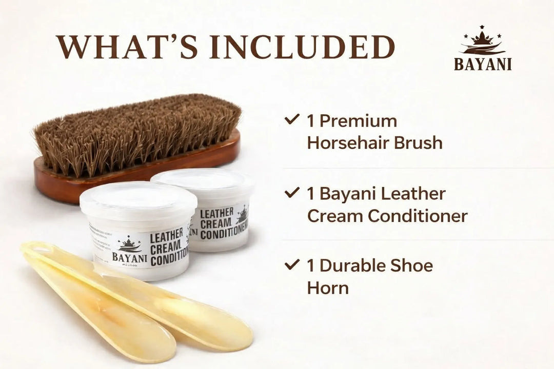 Bayani leather care set with horsehair brush, cream conditioner, and shoe horn on a white background.