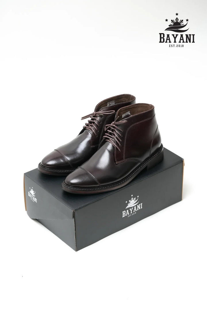 Brown leather shoes on a black box with Bayani logo above, on a white background
