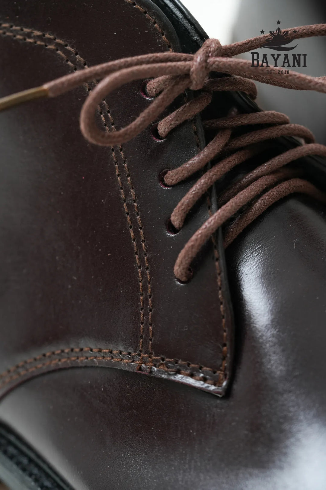 Close-up of a brown leather boot with laces, featuring the Bayani brand.


