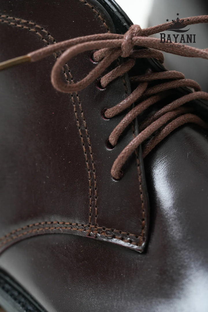 Close-up of a brown leather boot with laces, featuring the Bayani brand.

