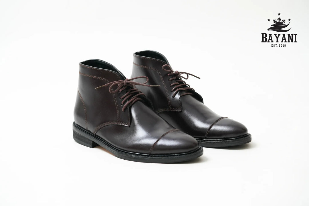 Pair of brown leather shoes on a white background with Bayani logo.

