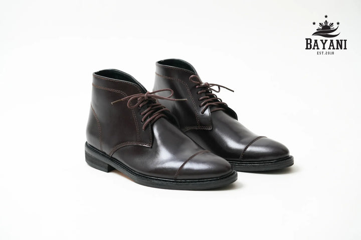 Pair of brown leather shoes on a white background with Bayani logo.


