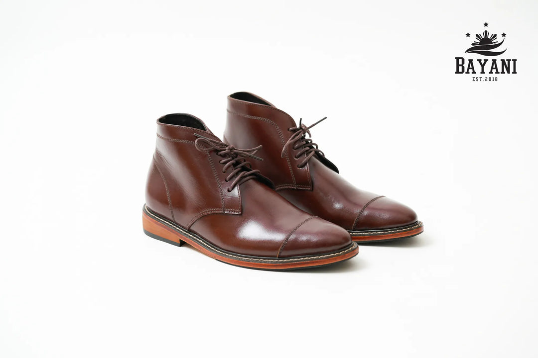 Pair of brown leather shoes on a white background with Bayani logo.
