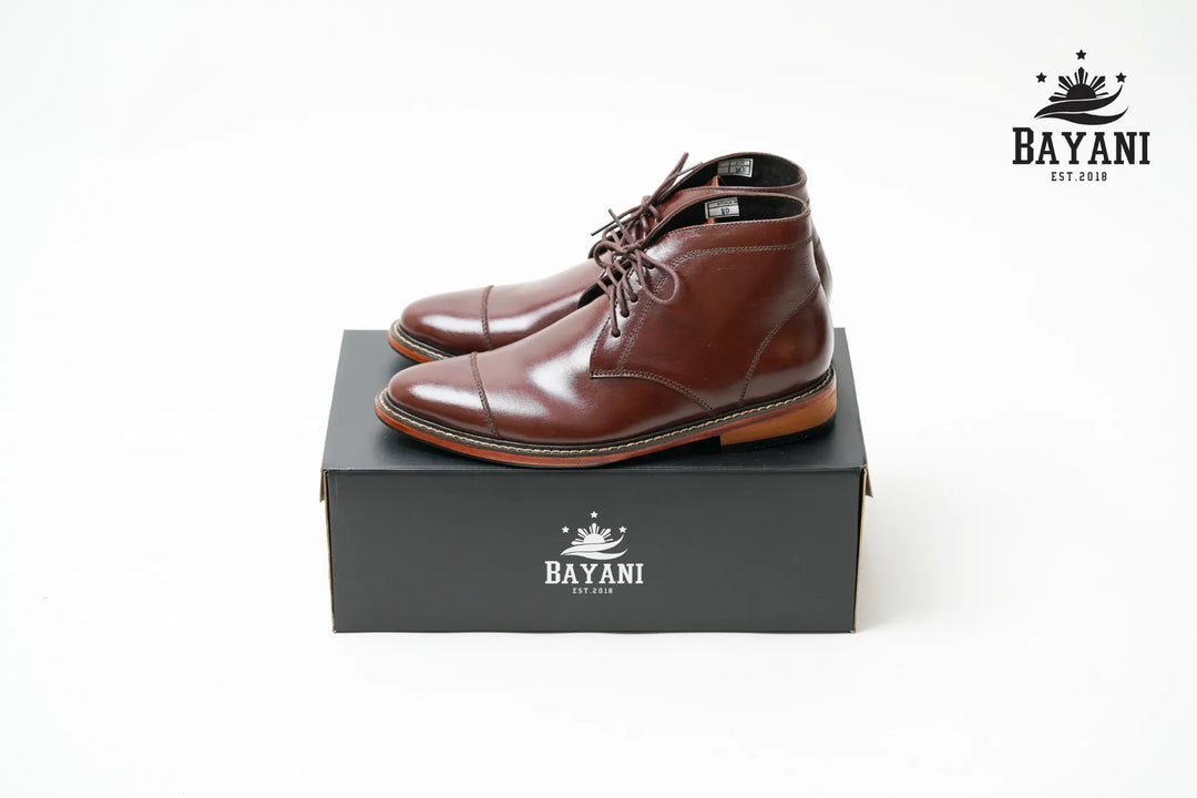 Brown leather shoes on a black box with Bayani logo on a white background
