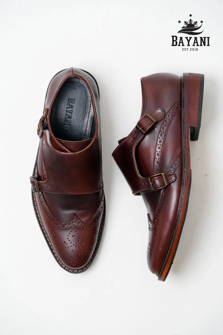 Brown leather shoes with a Bayani logo on a white background

