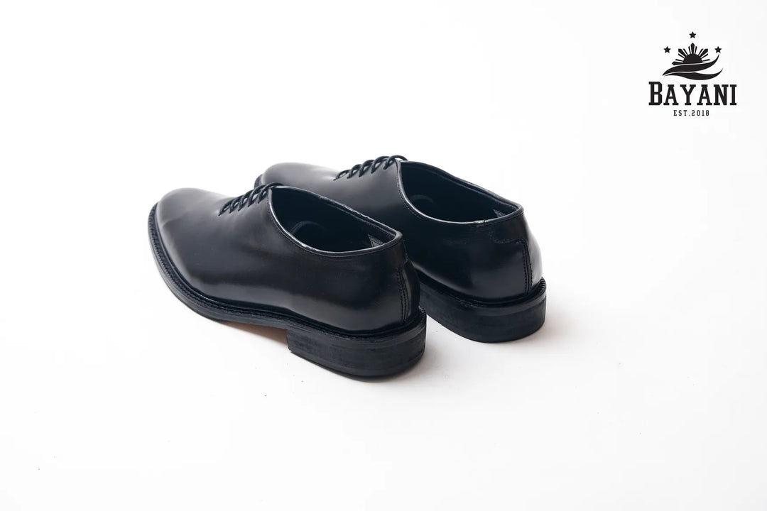 Pair of black dress shoes on a white background with Bayani logo.
