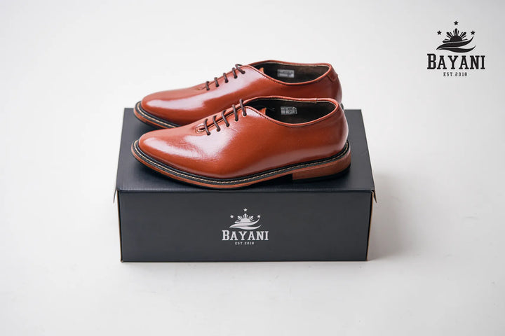 Brown leather shoes on a black box with Bayani logo, on a white background
