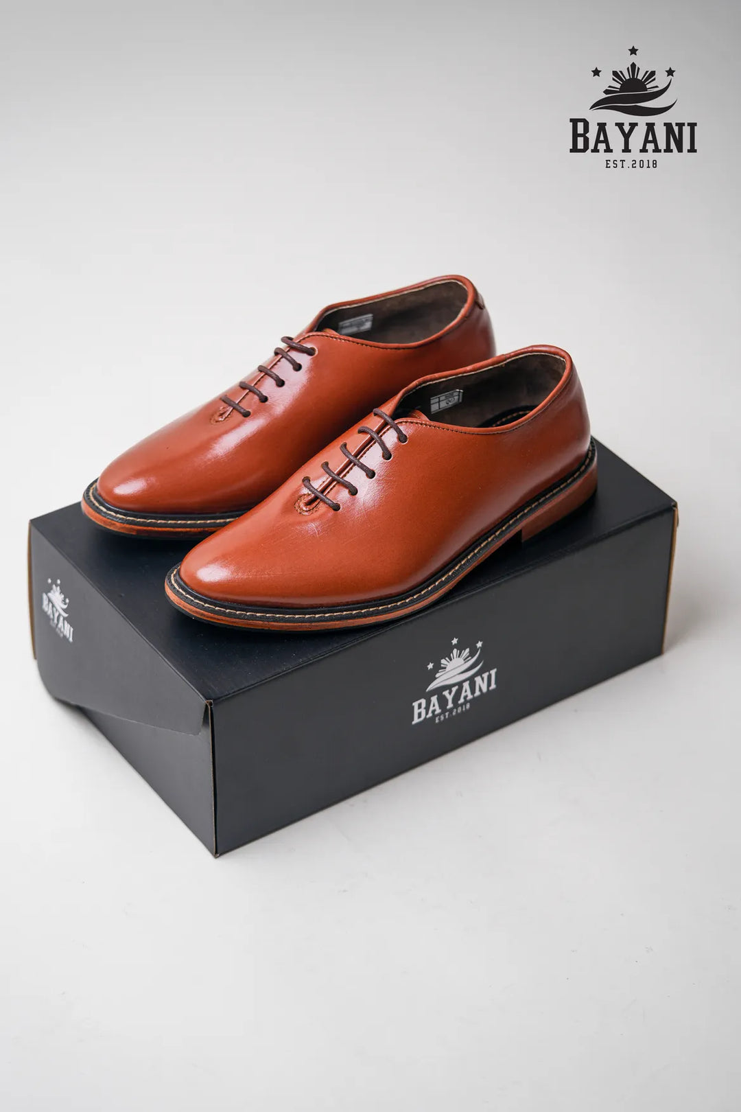 Brown leather shoes on a black box with &