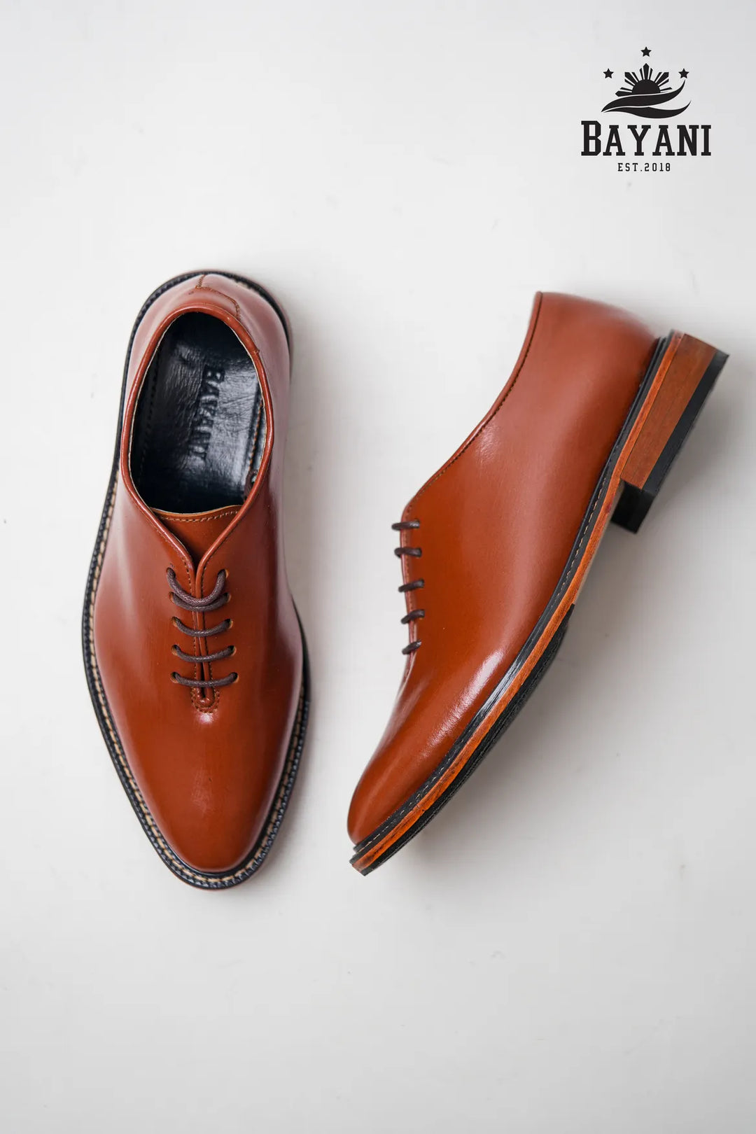 Pair of brown leather shoes on a white background with Bayani logo.
