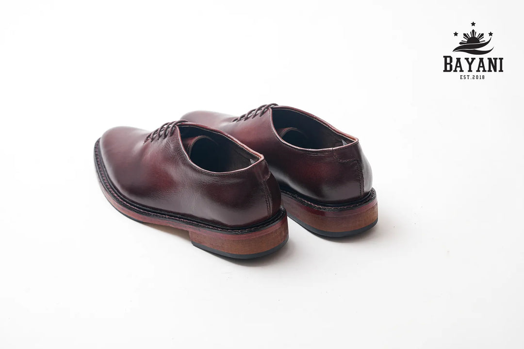 Pair of brown leather shoes on a white background with Bayani logo.

