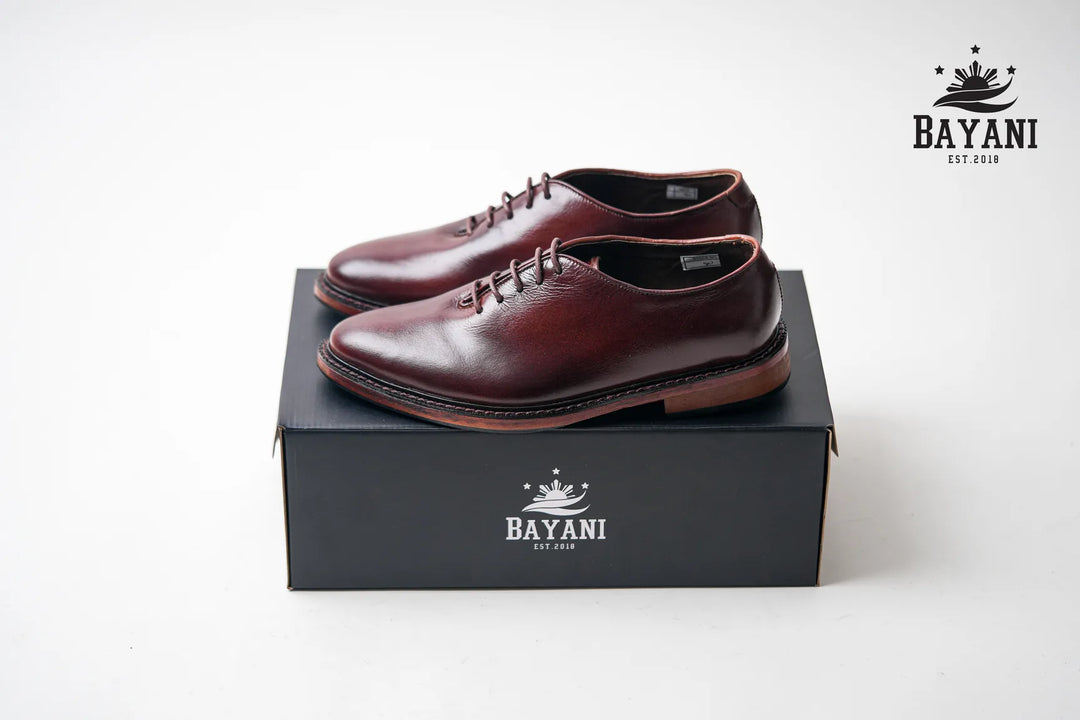 Pair of brown leather shoes on a black box with Bayani logo on a white background
