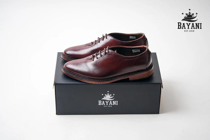 Pair of brown leather shoes on a black box with Bayani logo on a white background
