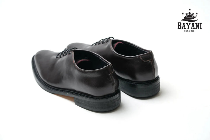 Pair of black leather shoes on a white background with Bayani logo.
