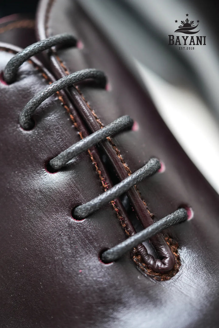 Close-up of a brown leather shoe with black laces, featuring the Bayani brand logo.
